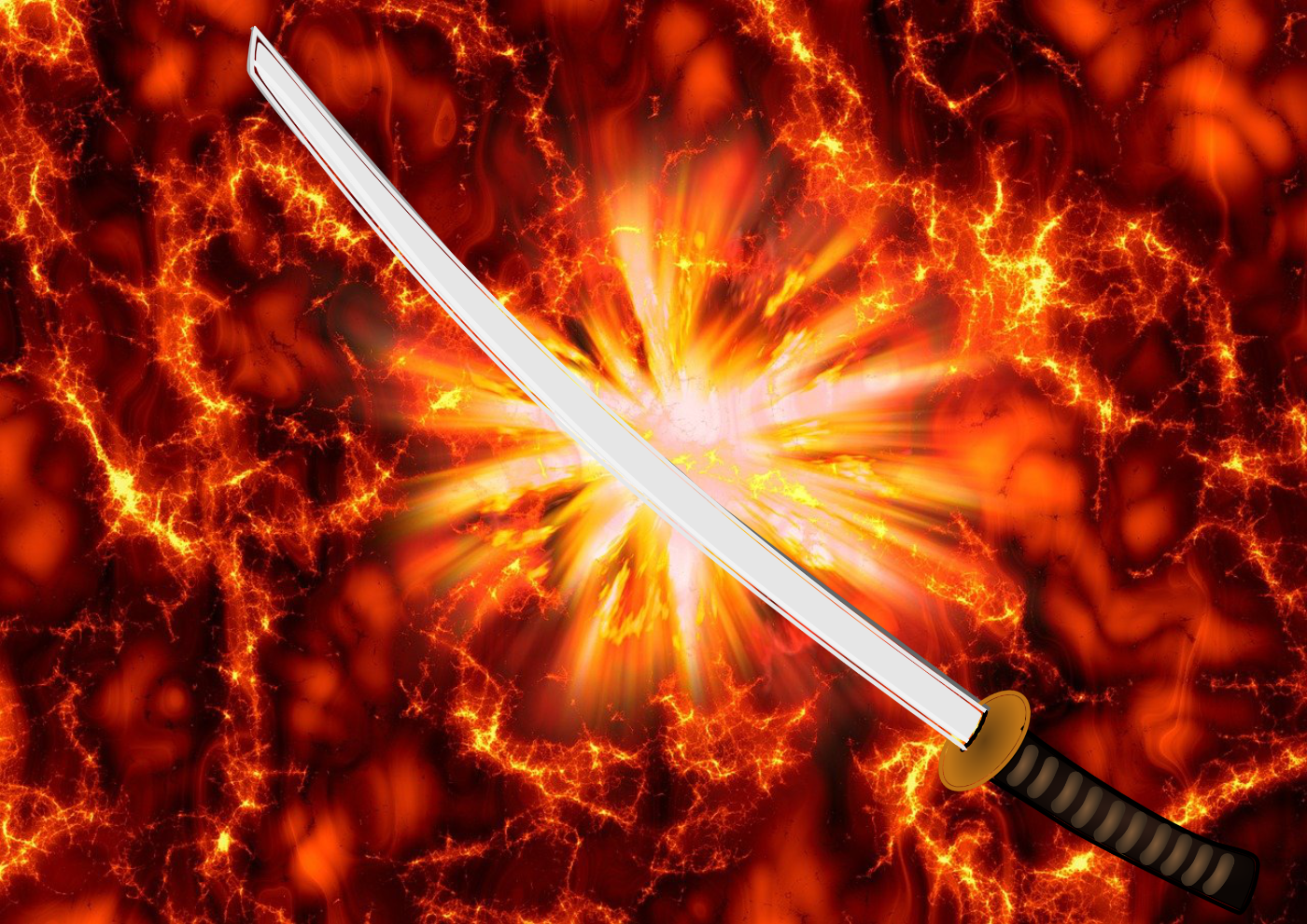 A katana with an explosion in the background.
