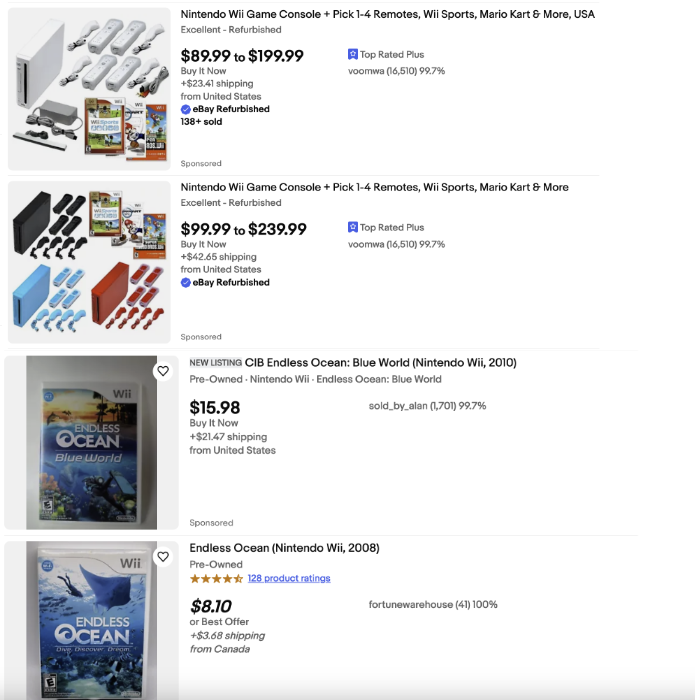 eBay listings for the Endless Ocean games and Wii consoles.