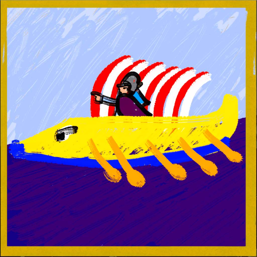 An Elf on an Ancient Greek-style ship.