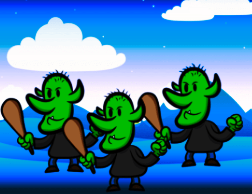 Three cartoon Goblins in front of a cartoon landscape.
