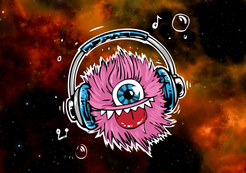 A fuzzy pink monster with one eye with headphones in front of an abstract space-like background.