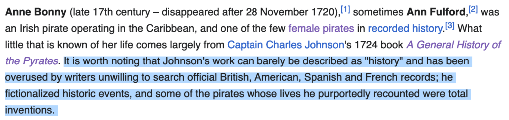 An excerpt from the Wikipedia article about Anne Bonny, with a highlighted passage criticising the reliability of the General History of the Pyrates.