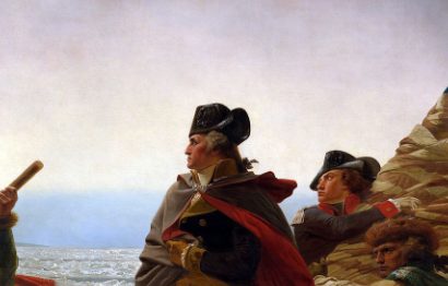 A closeup of George Washington in "Washington Crossing the Delaware/"