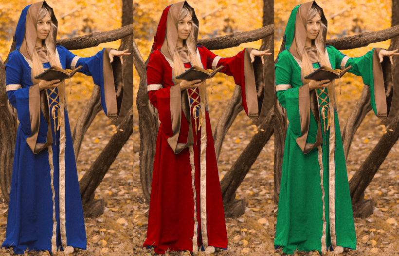 A picture of a woman dressed as a witch repeated three times to show her in a blue robe, a red robe, and then a green robe.