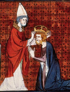 A manuscript illustration depicting Charlemagne being crowned by the Pope.