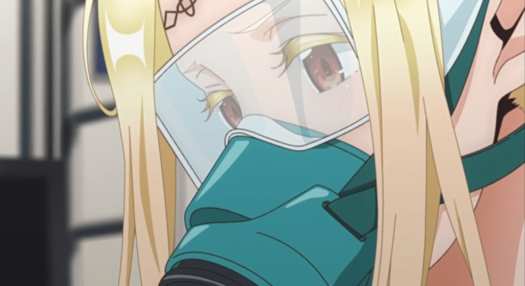 Elda from "Otaku Elf" working in goggles and a respirator mask.