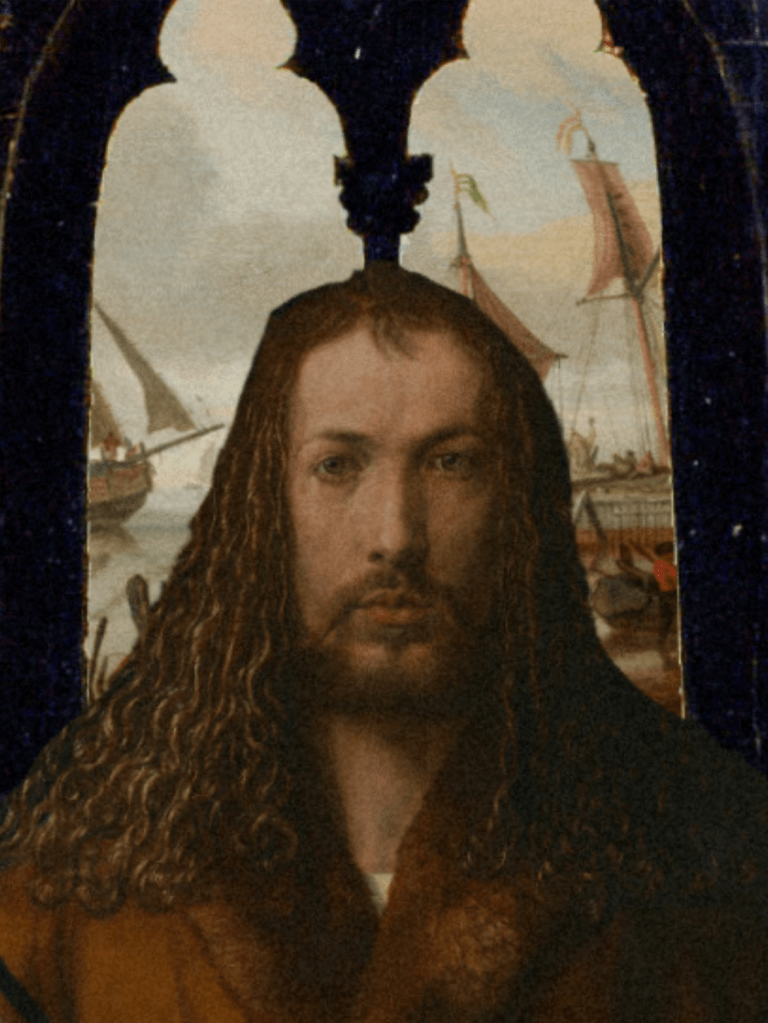 A modified painting of Albrecht Dürer's Self-Portrait at 28 representing King Sigurd of Hrimfax.