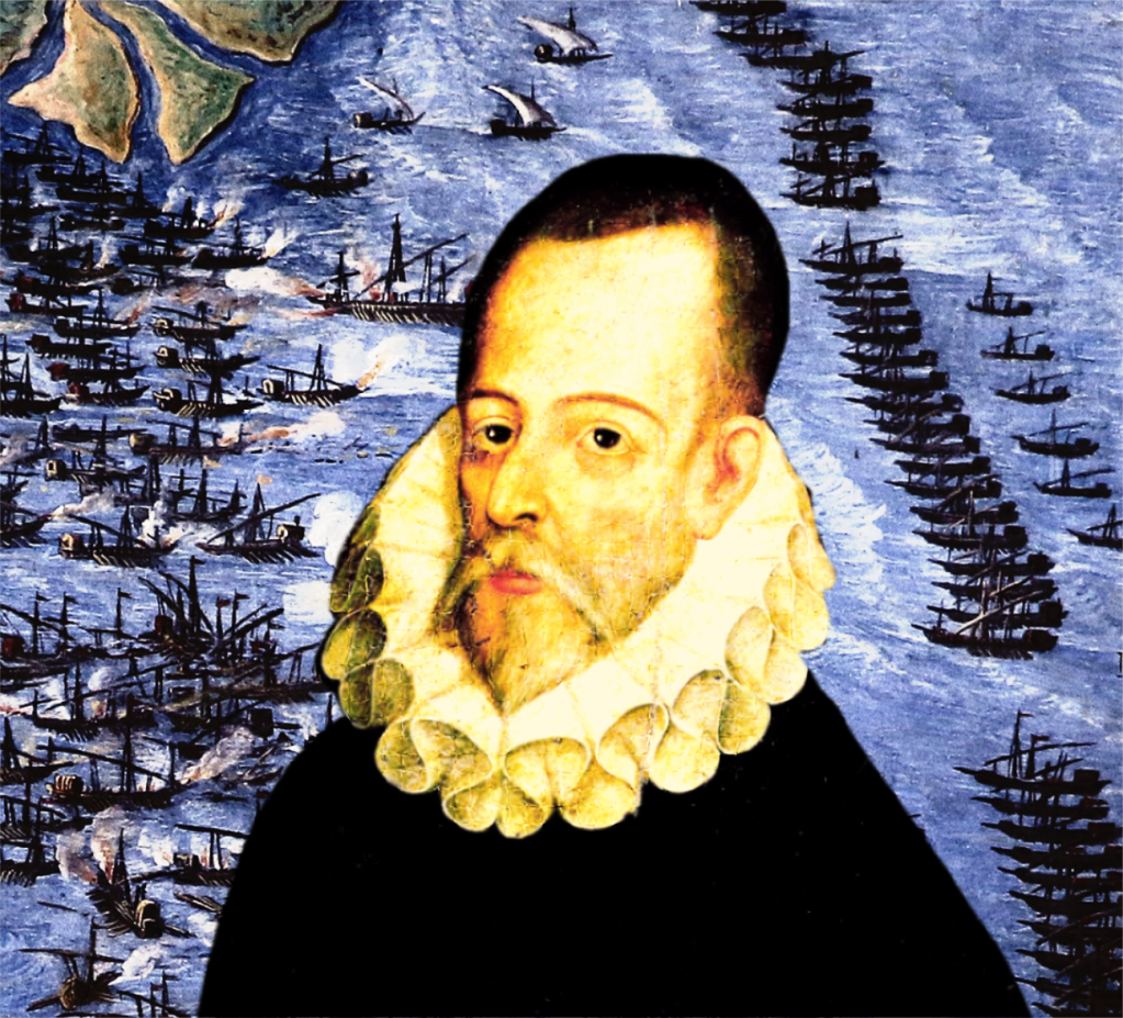 King Gaspar of Pelayo, represented by a portrait of Miguel de Cervantes.