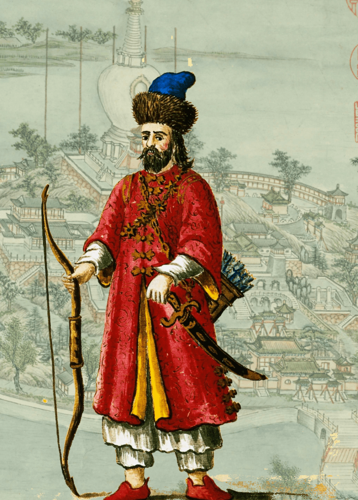Art of Luca Pertico, adapted from an illustration of Marco Polo and a cityscape of Beijing.