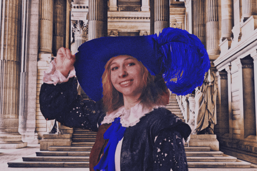 A woman dressed as a musketeer in front of a palace stairway.