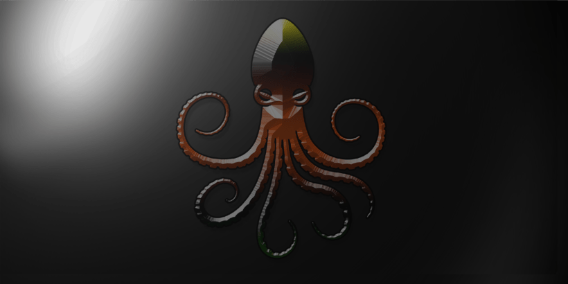 An octopus emblem on a glossy black background.