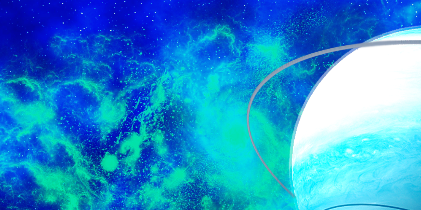 A ringed gas planet in front of a nebula.