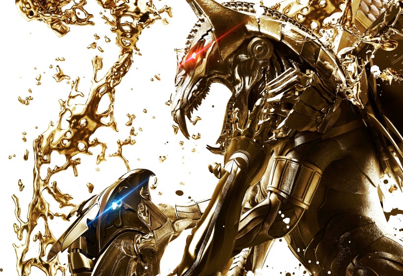 A crop of the Gods of Egypt theatrical poster showing robotic versions of Horus and Set fighting.
