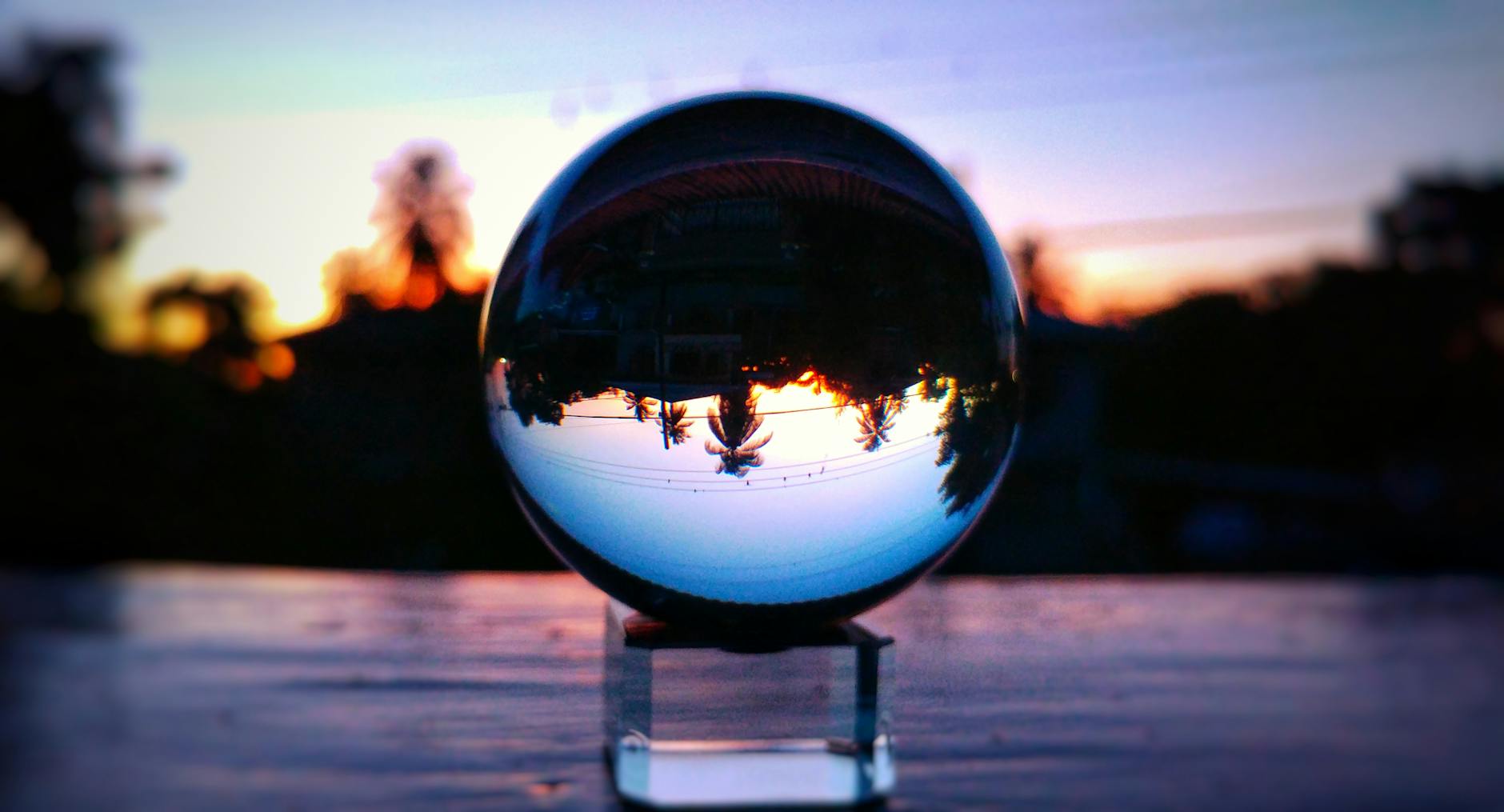A glass sphere reflecting a landscape with trees.