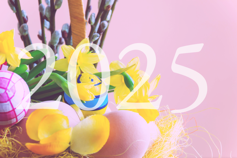 The number 2025 imposed over some Easter decorations.