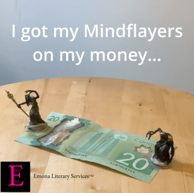 Two Mindflayer miniatures on top of a $20 Canadian bill with the caption 'I got my Mindflayers on my money…'