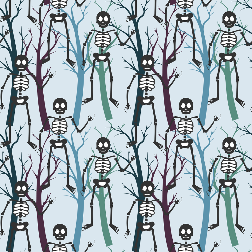 A pattern of skeletons and trees.