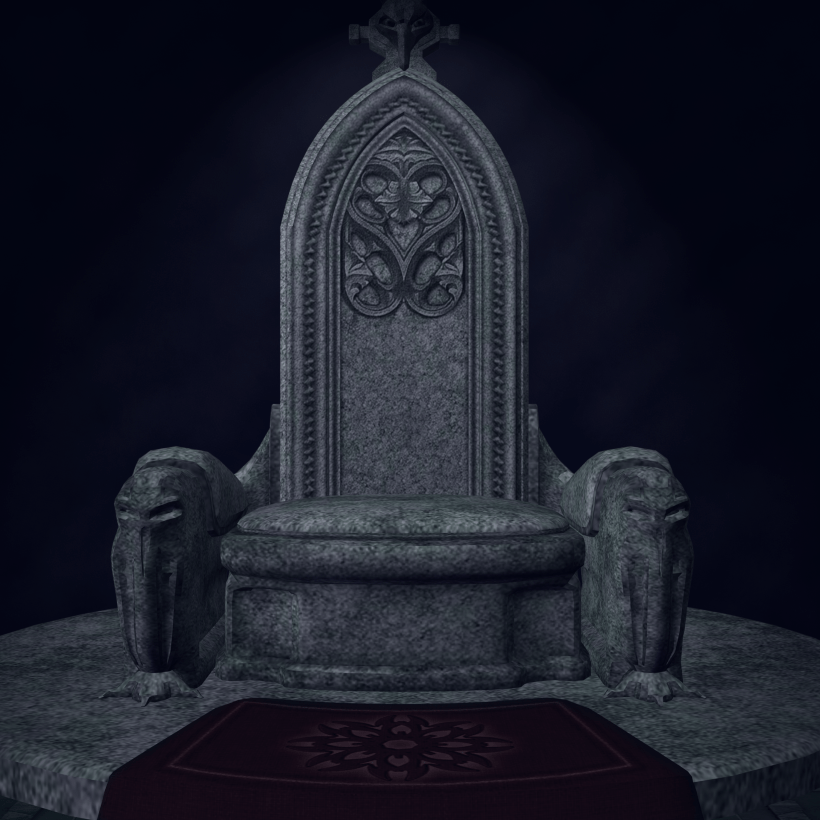 An ornate stone throne against a dark background.