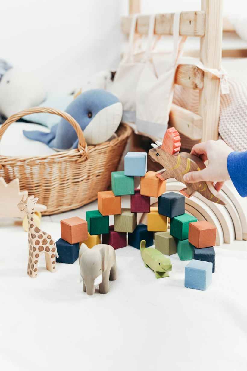 Wooden blocks and other toys.