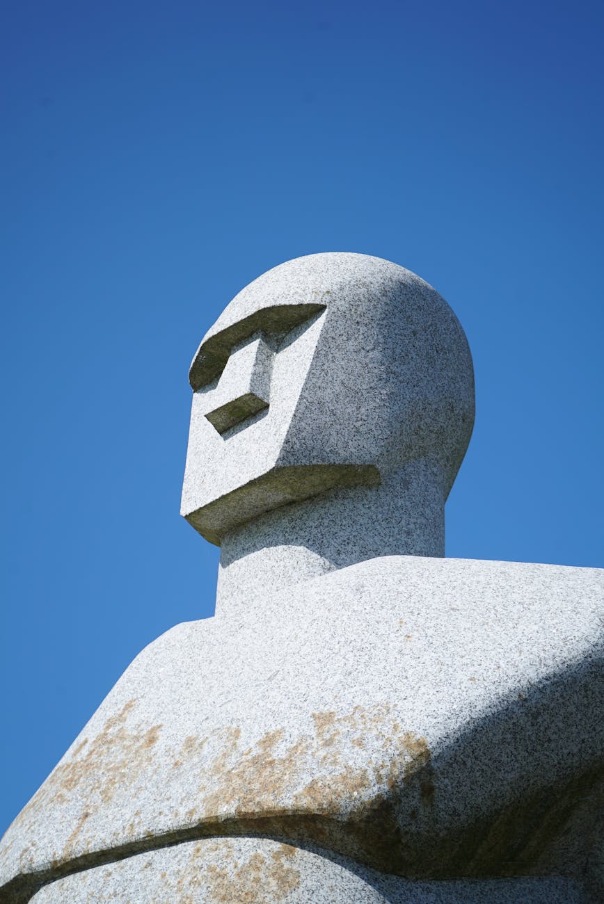 The head and face of an abstract, minimalist statue.