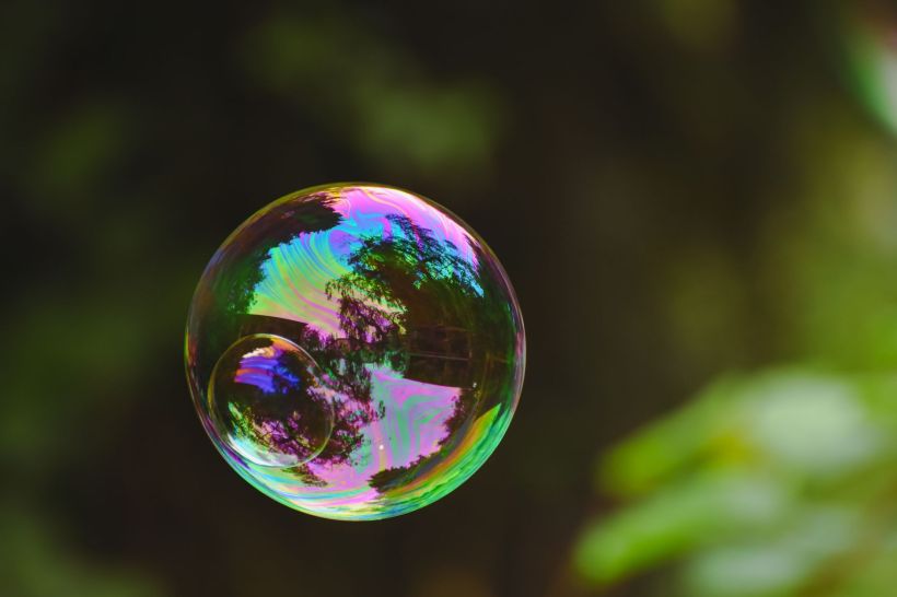A bubble in front of greenery.