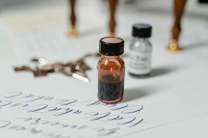 Ink bottles on top of a sheet of paper.