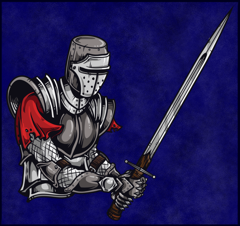 An armoured torso with no legs holding a sword.