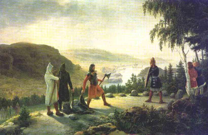 Two viking warriors preparing to duel.