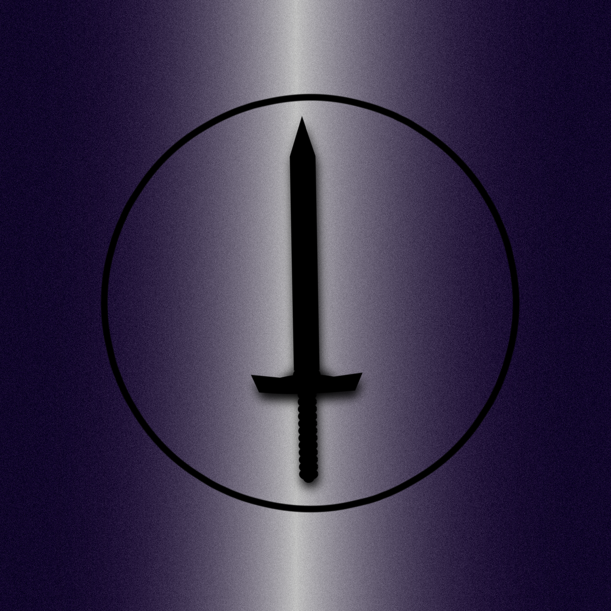 A graphic of a sword in a circle on a purple and silver background.