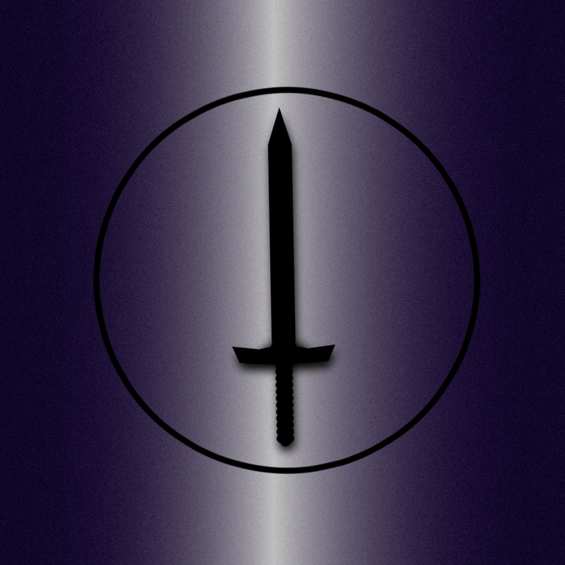 A graphic of a sword in a circle on a purple and silver background.