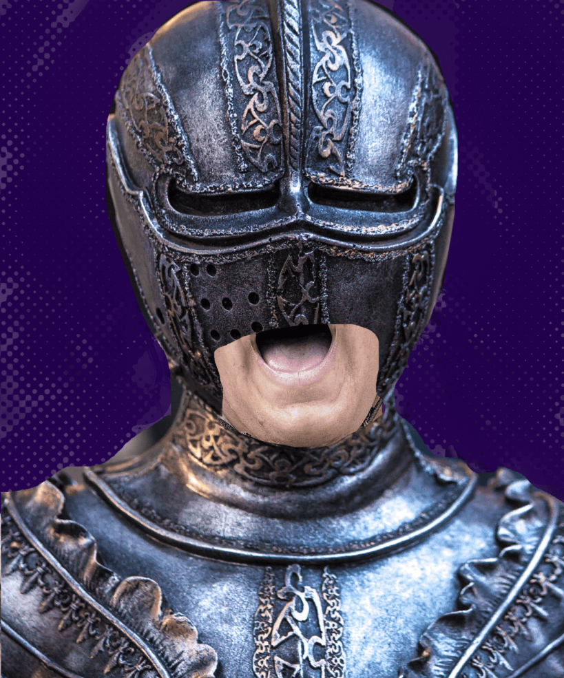 A man wearing armour that covers everything but the lower third of his face.