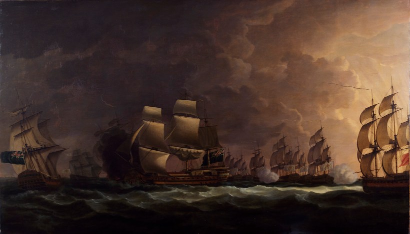A painting of several warships in combat at twilight.